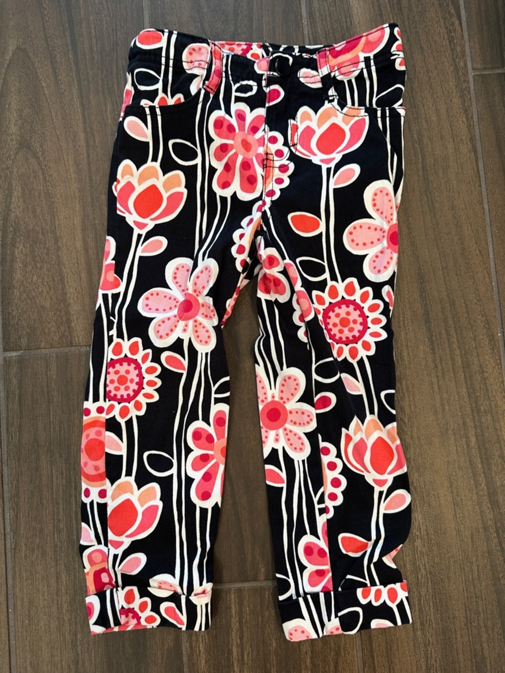 Gymboree Black Floral Girls' pants with Pink & Coral Flowers 5